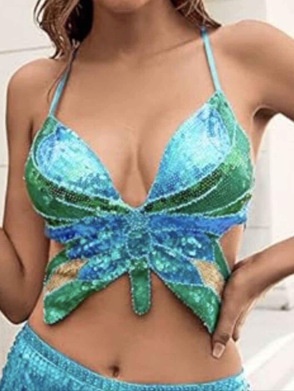 Womens Glitter Sequin Butterfly Crop Top Sparkly top Rave top Low -Cut Tank Top